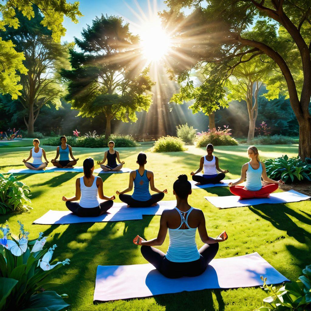 A serene scene depicting a diverse group of individuals engaging in various wellness activities such as yoga in a sunlit park, cooking healthy meals, and meditating. Emphasize a sense of community and support, with vibrant greenery and sunlight casting a warm glow. Include symbols of strength like a butterfly or lotus flower to symbolize rebirth and transformation. super-realistic. vibrant colors. peaceful atmosphere.