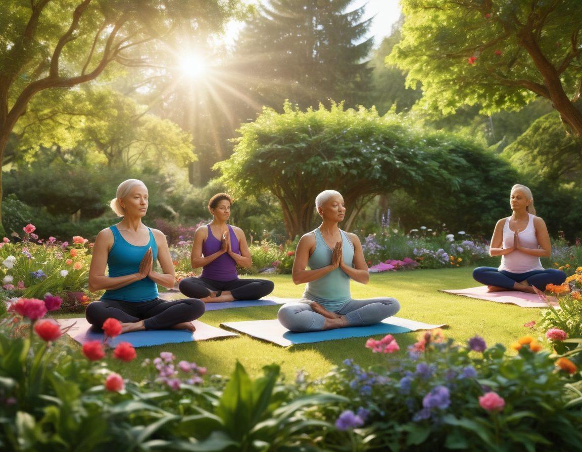A tranquil scene depicting a diverse group of cancer survivors engaged in a supportive outdoor gathering, surrounded by lush greenery and colorful flowers. In the foreground, a survivor is practicing yoga while others share healthy recipes, symbolizing empowerment and community. Soft sunlight filters through the trees, casting a warm glow on the scene, evoking hope and resilience. vibrant colors. super-realistic.