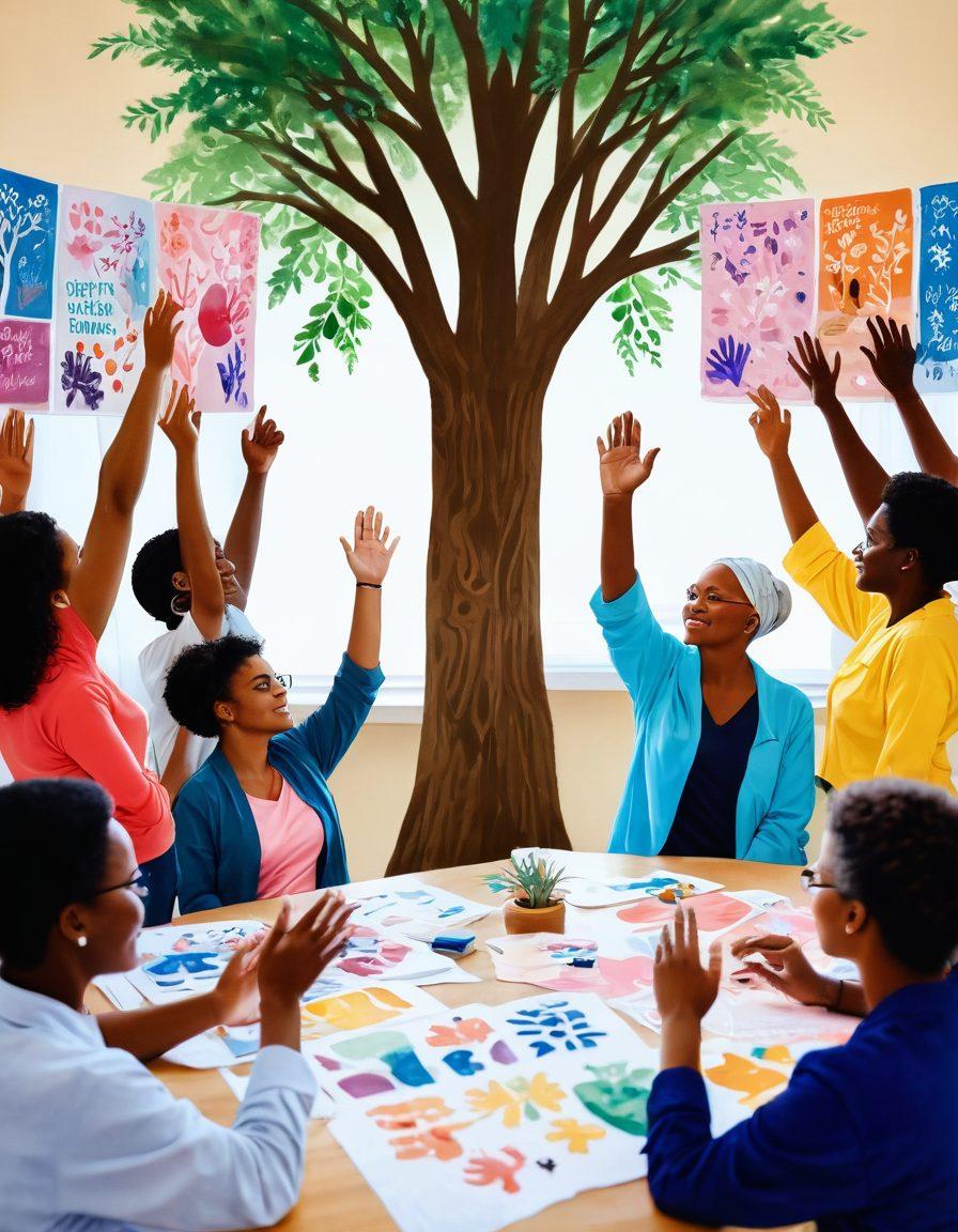 A diverse group of patients engaging in a supportive workshop, surrounded by informative posters on cancer awareness and treatment options. The atmosphere is lively and hopeful, with facilitators offering knowledge and encouragement. Soft, warm lighting enhances the uplifting mood. Include symbols of empowerment like hands raised in solidarity and a tree symbolizing growth and healing. painting. vibrant colors.